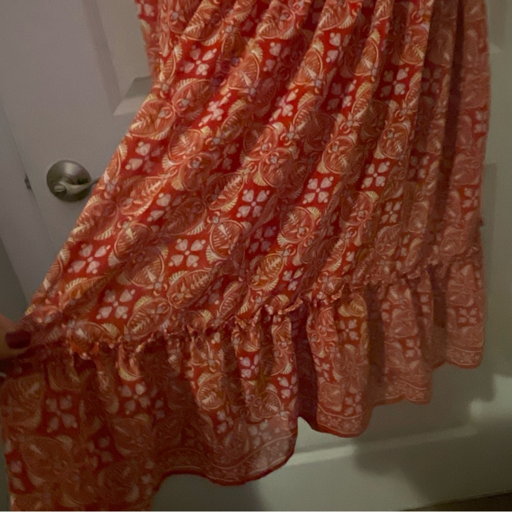 Max Studio London Women's L  Red Boho Paisley Smocked Ruffle dresses - Picture 8 of 15